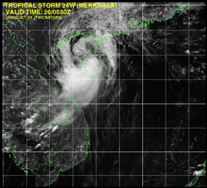 Click Here for a larger image of Tropical Storm Mekkhala in the Gulf of Tonkin on Sept 26th, 2002.