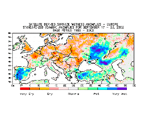 Click Here for the satellite derived wetness anomaly map for Europe during September 17-23, 2002