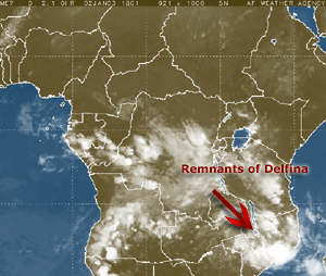 A infrared satellite animation of Tropical Cyclone Delfina as it tracked across Mozambique during January 1-2, 2003.