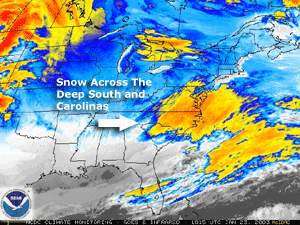 A colorized infrared satellite image of the storm system that dumped snow on the U.S. Deep South on January 23, 2003
