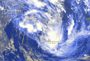Satellite image of Tropical Cyclone Fari over Madagascar on January 29, 2002