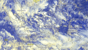 Infrared satellite image of showers and thunderstorms affecting Indonesia