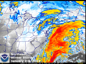 Infrared satellite image of a storm system that brought snow and rain to the eastern United States during January 2-4, 2003