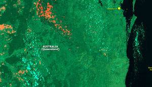 The satellite image depicting wildfires over parts of Queensland in Australia in early January 2003