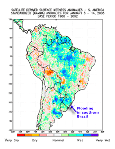 The satellite derived wetness anomaly map for southeast Africa during January 1-7, 2003