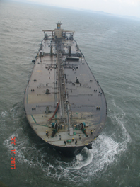 Tank vessel Hebei Spirit at anchor, awaiting cleaning prior to heading to port for repairs. 
