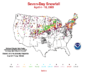 Map of snowfall amounts during April 4-10, 2003