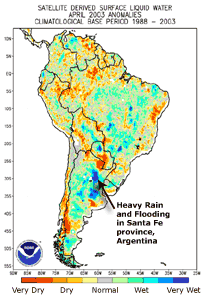 Wetness anomalies across South America during April 2003