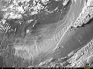 Visible satellite image depicting blowing dust and severe thunderstorms over New Mexico and Texas on April 15, 2003