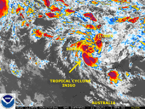 Infrared satellite image depicting Tropical Cyclone Inigo affecting the southern islands of Indonesia on April 1, 2003