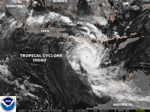Satellite image of Tropical Cyclone Inigo on April 3, 2003