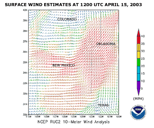 Surface winds at 1200 UTC on April 15, 2003 over New Mexico