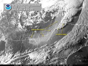 Visible satellite image of severe thunderstorms affecting parts of Texas and Oklahoma on April 16, 2003