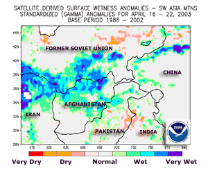 Wetness anomalies across southwest Asia during April 16-22, 2003