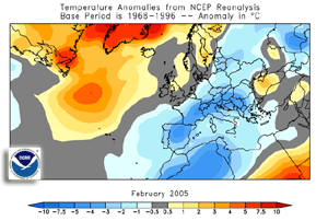 NCEP Reanalysis temperature anomalies for February 2005 across Europe