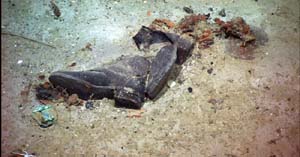 Image of the shoes of a Titanic victim photographed in a debris field near the stern of the ship on June 6, 2004, by the ROV Hercules during an expedition returning to the Titanic, launched from the NOAA ship Ronald H. Brown.