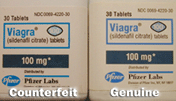 Photo of a bottle of counterfeit viagra next to a bottle of genuine viagra.