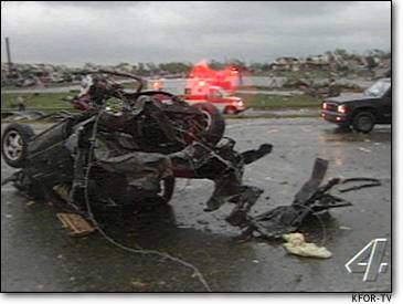 Wreckage of a car hit by a tornado