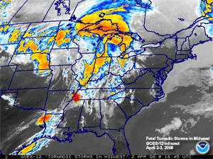 animated satellite image of tornadic storm on April 2nd/3rd