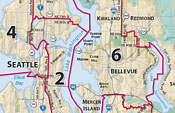 Map: Metropolitan King County Council Districts—2006, enlarged view (88K JPEG)