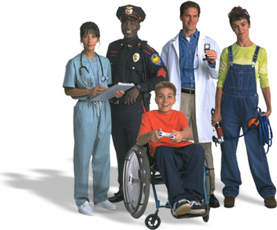 doctor, police officer, researcher, factory worker, child in wheelchair