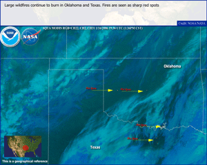 NASA MODIS image of Texas and Oklahoma fires on 16 January 2006