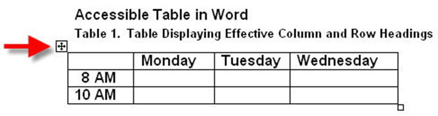 Table in MS Word. The anchor icon is shown in the upper left-hand corner, below the caption for the table.
