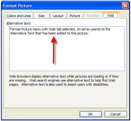 Screen capture of the Format Picture tool. The Web tab is selected. The alternative text is added. A red arrow points to the alternative text.