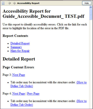 Accessibility Report screen capture. Report contents are Detailed Report, Summary and Hints for Repair.