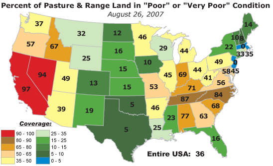 Map of USDA Observed Percent of Pasture and Range Land in Poor or Very Poor Condition, August 26, 2007