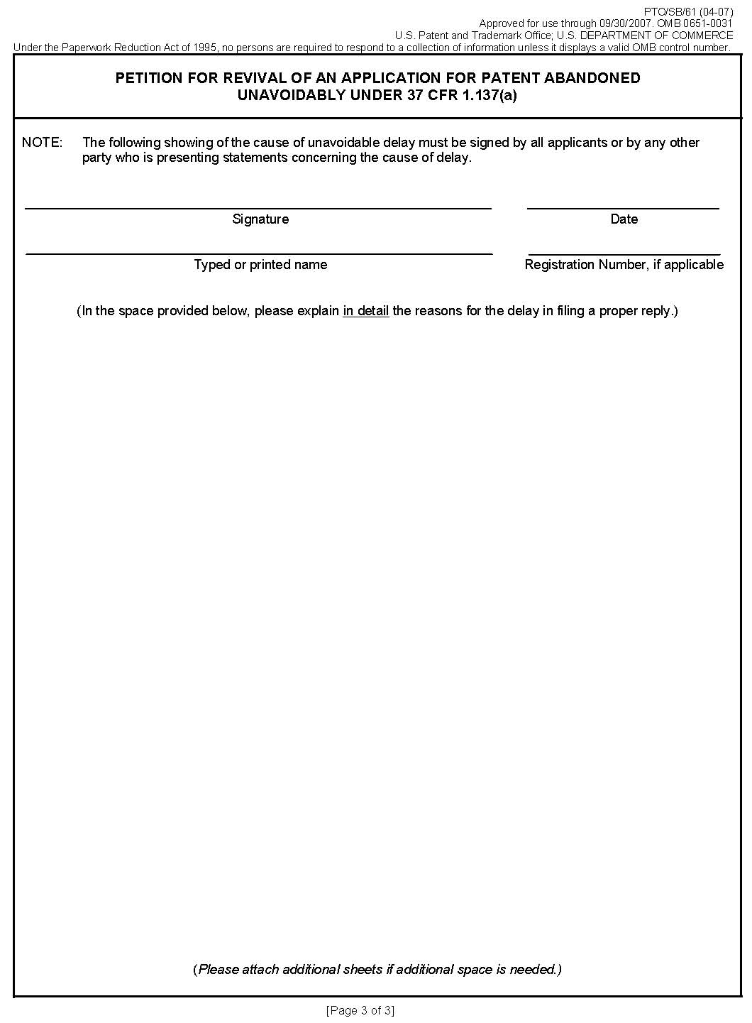 form pto/sb/61. petition for revival of an application for patent abandoned unavoidably under 37 cfr 1.137(a) [page 3 of 3]