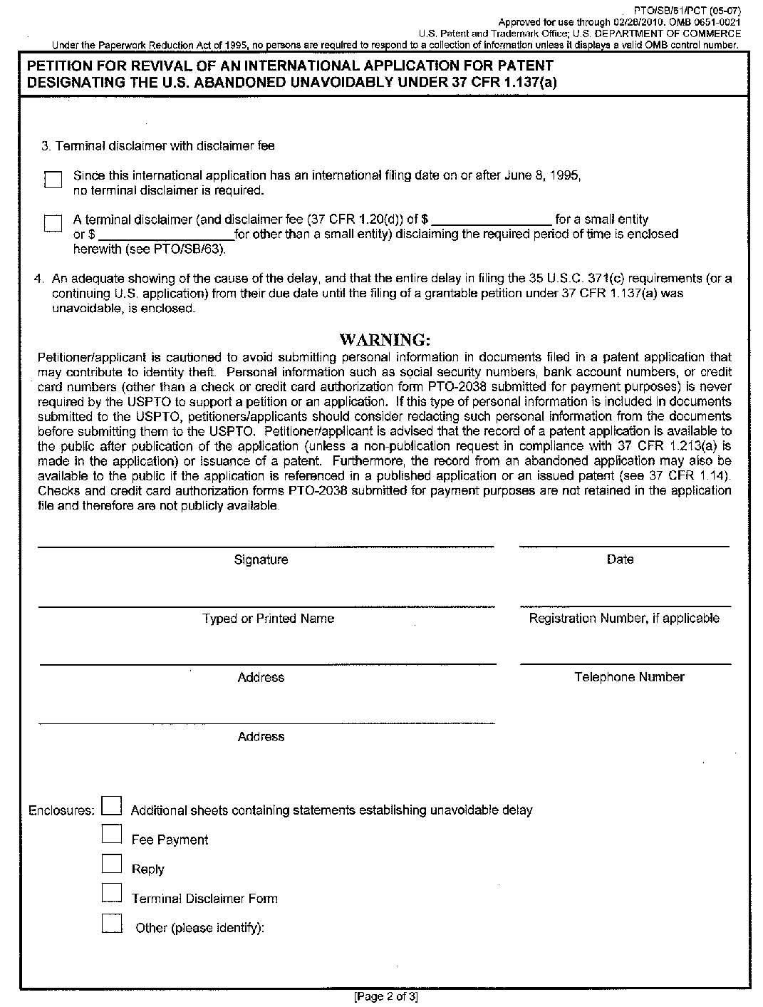 page 2  form pto/sb/61/pct petition for revival of an international application  for patent  designationg the u.s.  abandoned unavoidably under 37 cfr 1.l137(a).