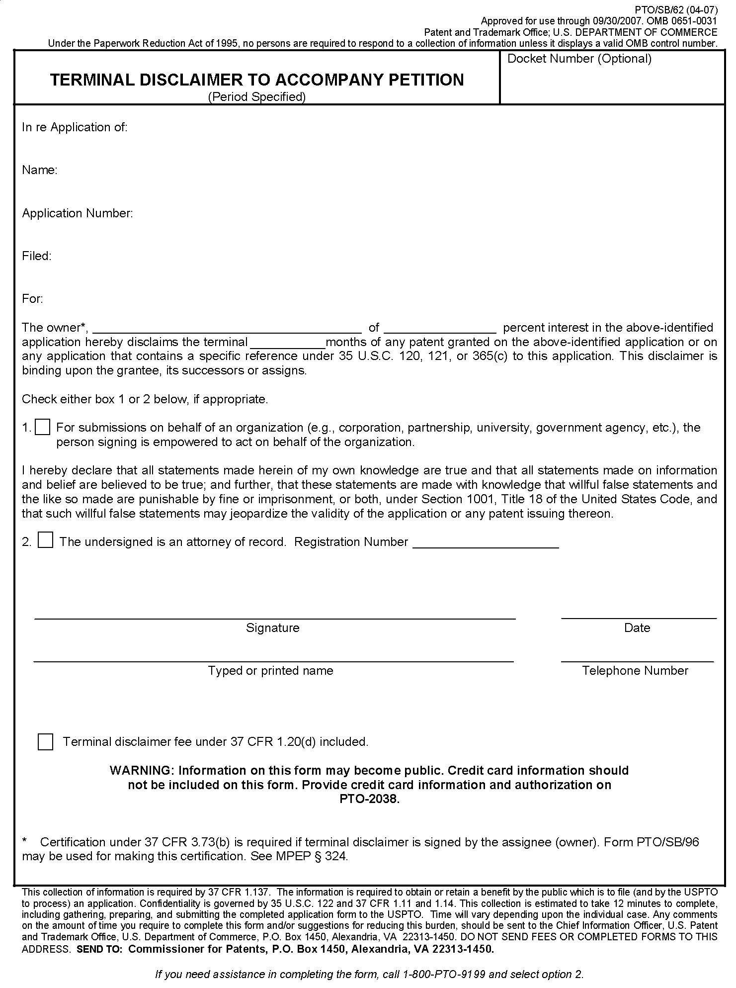 form pto/sb/62. terminal disclaimer to accompany petition (period specified)