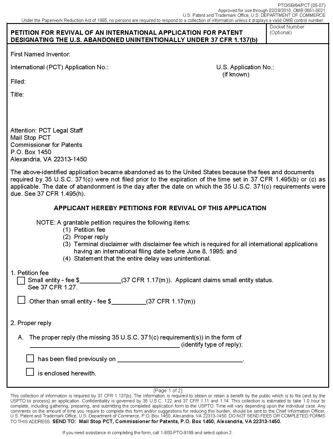 page 1 form pto/sb/64/pct petition for revival of an international application for patent designating the u.s. abandoned intentionally under 37 cfr 1.137(b).