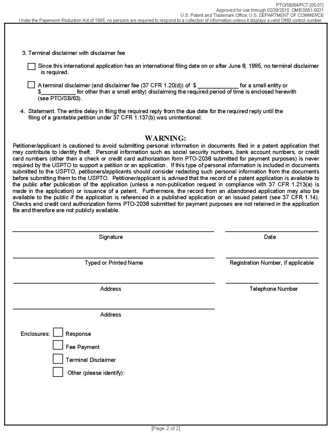page 2 form pto/sb/64/pct petition for revival of an international application for patent designating the u.s. abandoned intentionally under 37 cfr 1.137(b).