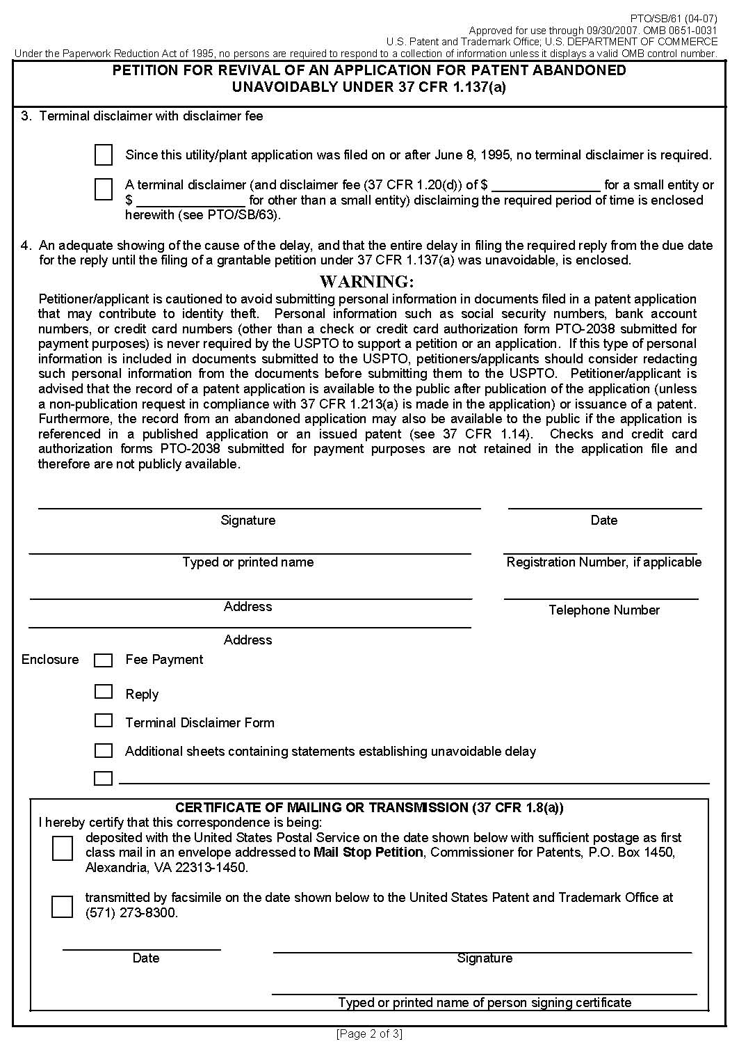 form pto/sb/61. petition for revival of an application for patent abandoned unavoidably under 37 cfr 1.137(a) [page 2 of 3]