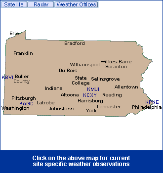 Pennsylvania State Information - Click on the above map for current site specific weather observations