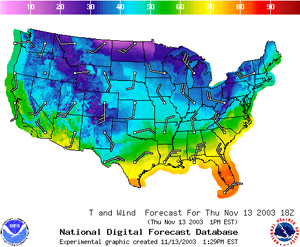 NOAA image of NOAA Experimental Wind Forecasts for 1 p.m. EDT on Nov. 13, 2003.