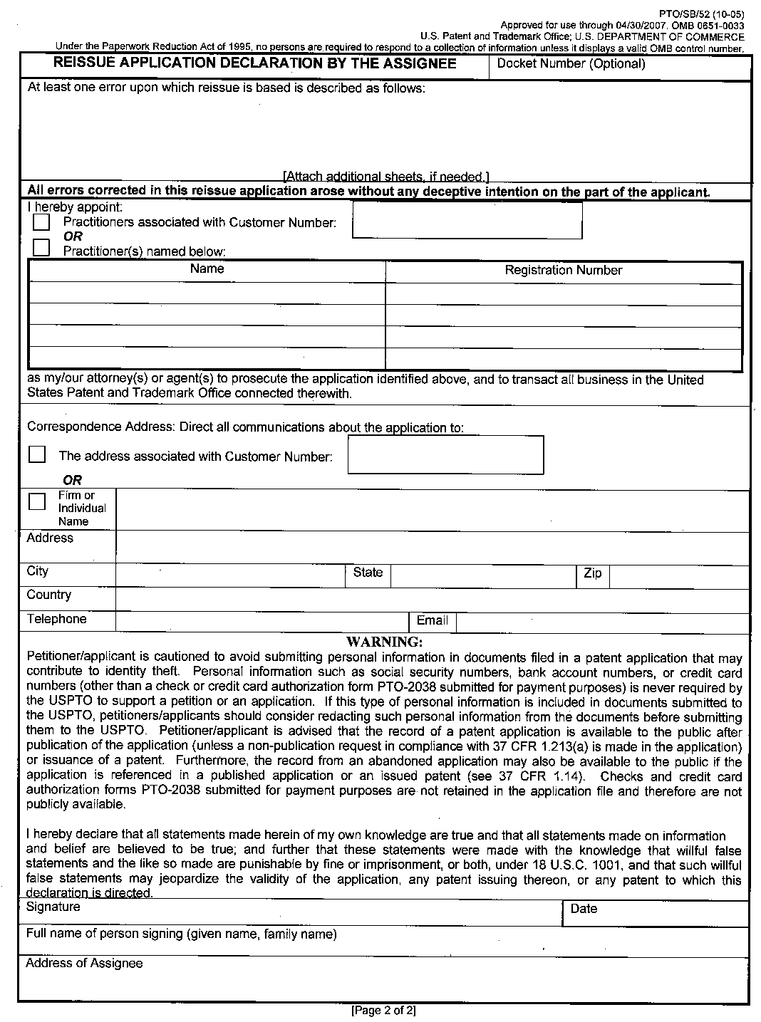 form pto/sb/52. page 2 of reissue application declaration by the assignee
