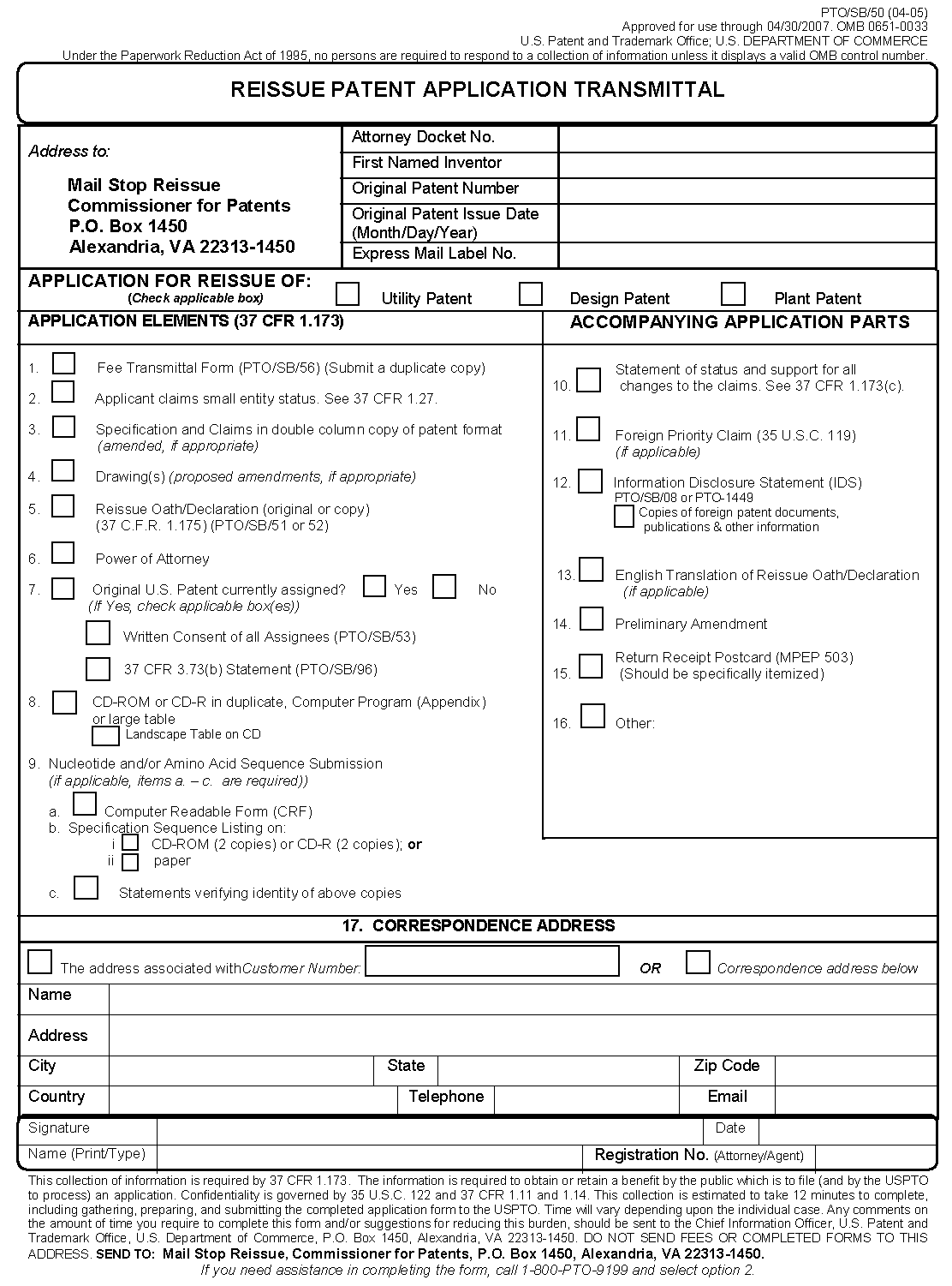 form pto/sb/50.  reissue patent application transmittal