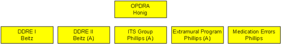 OPDRA-Honig, DDRE I-Beitz, DDRE II-Beitz (A), ITS Group-Phillips (A), Extramural Programs-Phillips (A), Medication Errors-Phillips