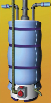 Illustration of an insulated gas water heater with insulated pipes.