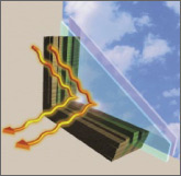 Illustration shows how a double-pane window with low-e coating keeps hot air inside by reflecting heat  back into the room.
