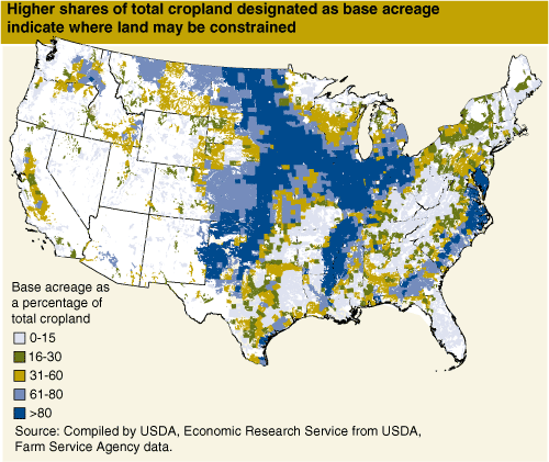 Map: Higher shares of total cropland designated as base acreage indicate where land may be constrained