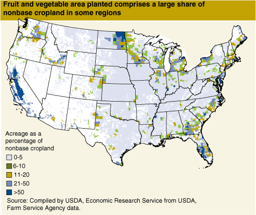 Map: Fruit and vegetable area planted comprises a large share of nonbase cropland in some regions