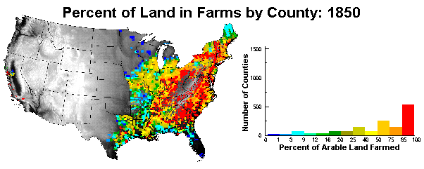 Figure 2-3 Percent of land in farms by county, 1850.
