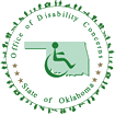 ODC Logo, Wheelchair Charlie over state shape encircled with silhouettes of people with disabilities