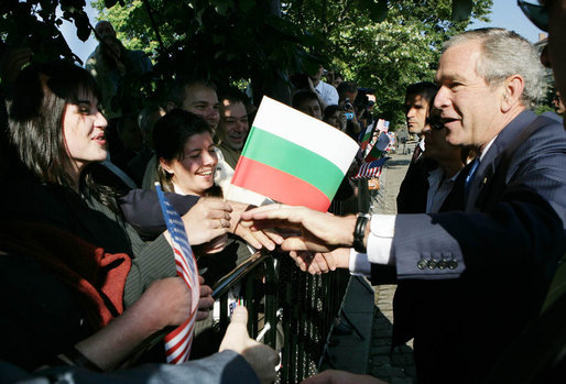 President George W. Bush greets well wishers Monday, June 11, 2007, during arrival ceremonies in Sofia's Nevsky Square. The Bulgaria stop was the last on a weeklong, six-country European visit by the President and Mrs. Bush. White House photo by Eric Draper