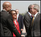 President George W. Bush is greeted by New Orleans Mayor Ray Nagin and his wife, Seletha Smith Nagin, on his arrival to Louis Armstrong New Orleans International Airport Monday, April 21, 2008, where President Bush will attend the 2008 North American Leaders' Summit. White House photo by Joyce N. Boghosian