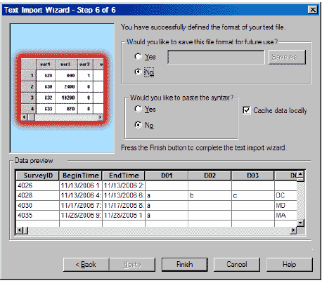 Text Import Wizard: Step 6 of 6. There is an image of a text file in the upper left hand corner. You have successfully defined the format of your text file. Would you like to save this file format for future use? No is checked. Would you like to paste the syntax? No is checked. Cache data locally is checked. At the bottom is a preview of fictitious text.